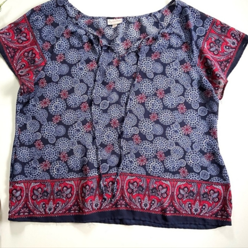 Dress Barn Blue & Red Floral Tie-Neck Blouse - Plus Size 2X - Boho